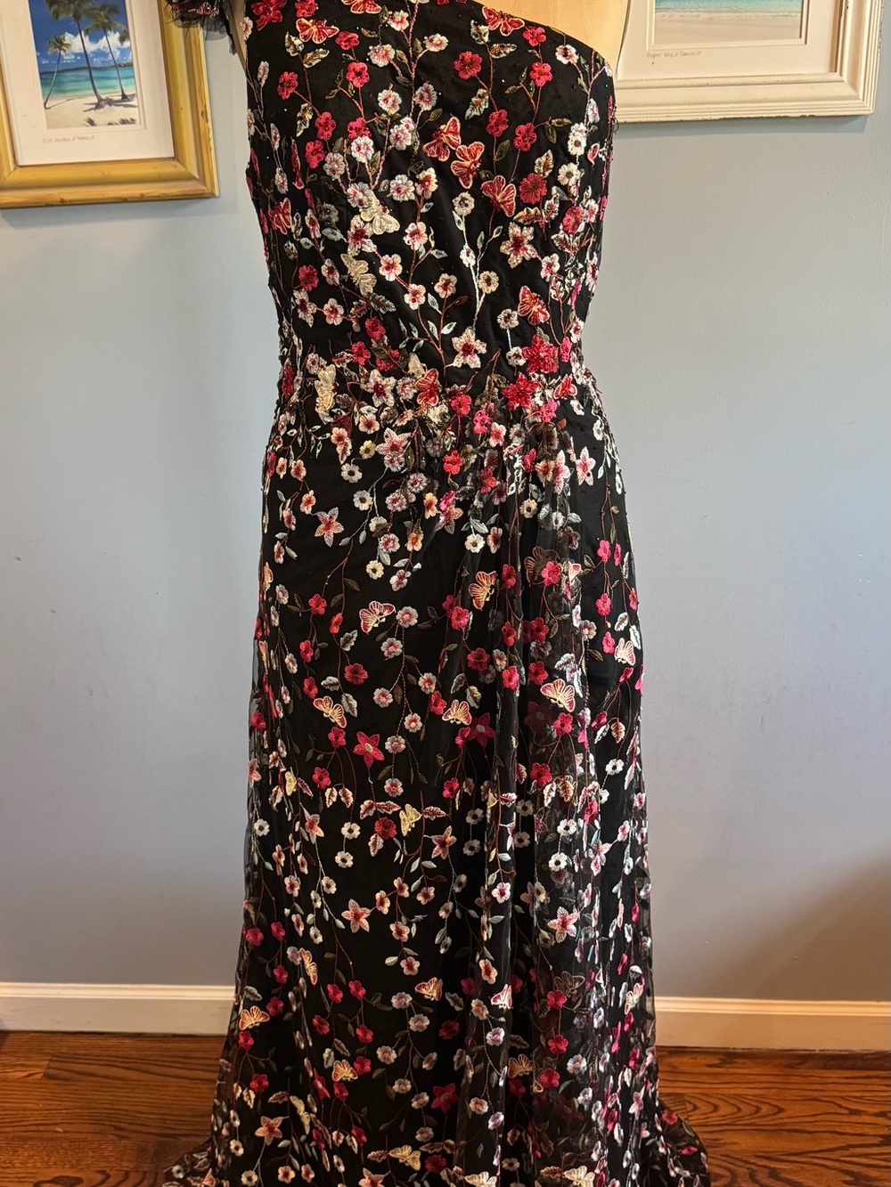 Mac Duggal Black One-Shoulder Evening Gown with Pink & White Floral Embroidery